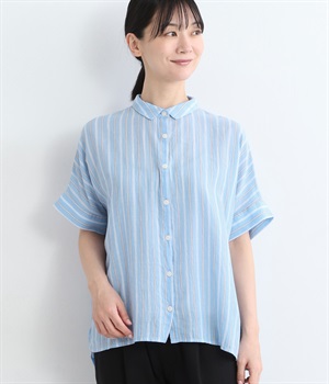 コットンガーゼストライプブラウス(ブルー-ONESIZE)