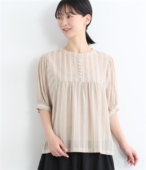 コットンガーゼストライプ5分袖多釦ブラウス(ベージュ-ONESIZE)