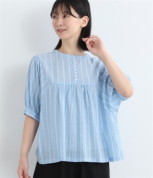 コットンガーゼストライプ5分袖多釦ブラウス(ブルー-ONESIZE)