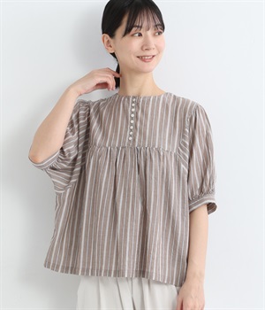 コットンガーゼストライプ5分袖多釦ブラウス(ブラウン-ONESIZE)