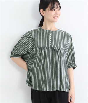 コットンガーゼストライプ5分袖多釦ブラウス(ダークネイビー-ONESIZE)