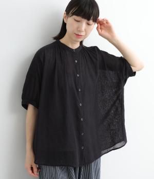 コットンリネンガーゼ5分袖ブラウス(クロ-ONESIZE)