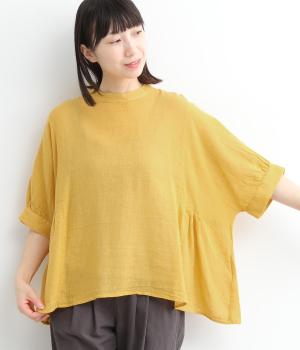 コットンリネンガーゼサイドギャザーブラウス(イエロー-ONESIZE)