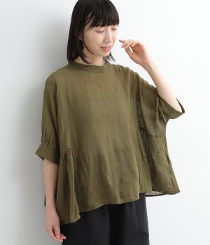 コットンリネンガーゼサイドギャザーブラウス(カーキ-ONESIZE)