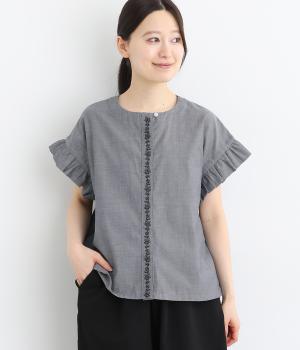 コットンシャンブレー刺繍入りブラウス(ネイビー-ONESIZE)