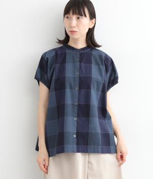 コットン平織ブロックチェックブラウス(ネイビー-ONESIZE)