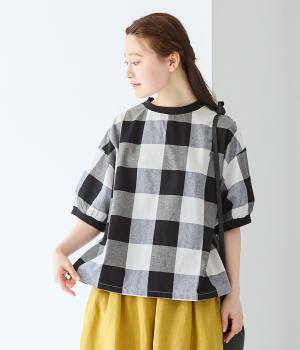コットン平織ブロックチェック5分袖ワイドリブブラウス(クロ-ONESIZE)
