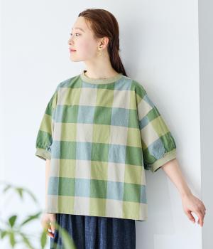 コットン平織ブロックチェック5分袖ワイドリブブラウス(ピスタチオ-ONESIZE)