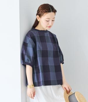 コットン平織ブロックチェック5分袖ワイドリブブラウス(ネイビー-ONESIZE)