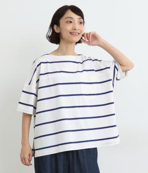 コットン織柄ボーダー5分袖ポケットプルオーバー(オフシロ-ONESIZE)