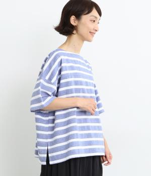 コットン織柄ボーダー5分袖ポケットプルオーバー(シャンブレーブルー-ONESIZE)