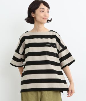 コットン織柄ボーダー5分袖ポケットプルオーバー(クロ-ONESIZE)