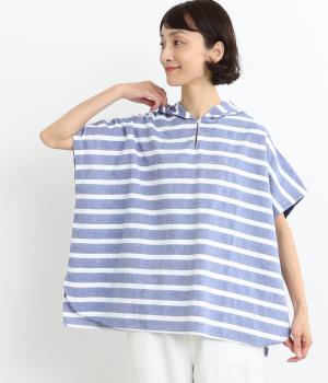 コットン織柄ボーダーワイドフーディー(シャンブレーブルー-ONESIZE)