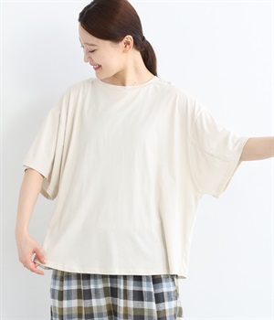 コットン天竺ワイドスリーブ5分袖プルオーバー(ソフトベージュ-ONESIZE)