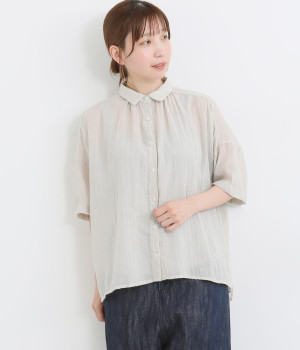 ソフトガーゼ5分袖ギャザーブラウス(オフグレー-ONESIZE)