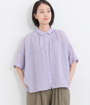 ソフトガーゼ5分袖ギャザーブラウス(ラベンダー-ONESIZE)