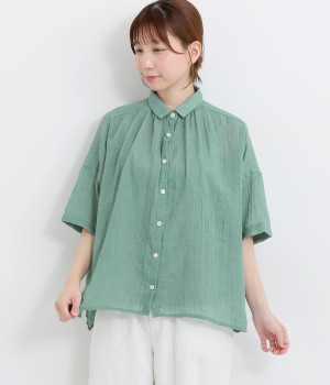 ソフトガーゼ5分袖ギャザーブラウス(グリーン-ONESIZE)