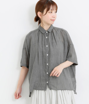 ソフトガーゼ5分袖ギャザーブラウス(ダークグレー-ONESIZE)