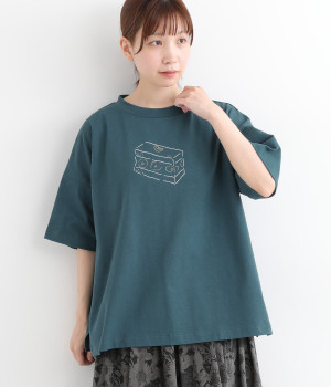 空紡糸天竺　プリントワイドTシャツ(ブルーグリーン-ONESIZE)