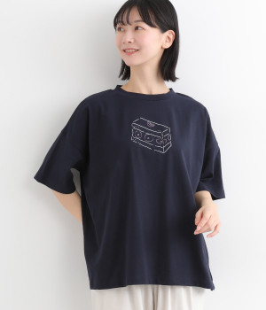空紡糸天竺　プリントワイドTシャツ(ネイビー-ONESIZE)