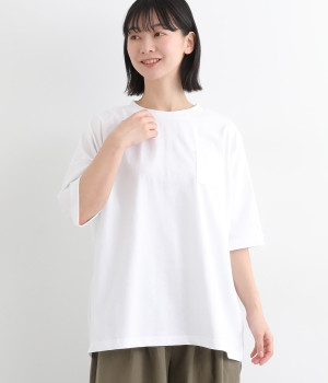 空紡糸天竺　6分袖ポケットワイドTシャツ(シロ-ONESIZE)