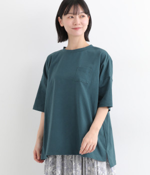 空紡糸天竺　6分袖ポケットワイドTシャツ(ブルーグリーン-ONESIZE)
