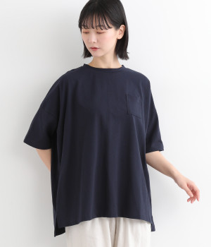 空紡糸天竺　6分袖ポケットワイドTシャツ(ネイビー-ONESIZE)
