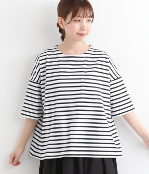 コットンストレッチ天竺ボーダー　ポケットワイドTシャツ(シロ×クロ-ONESIZE)