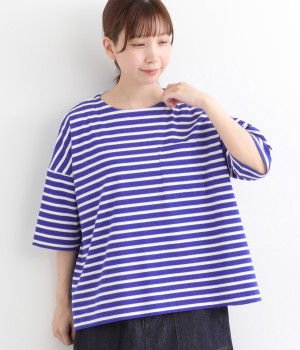 コットンストレッチ天竺ボーダー　ポケットワイドTシャツ(ブルー×シロ-ONESIZE)