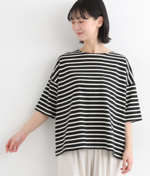 コットンストレッチ天竺ボーダー　ポケットワイドTシャツ(クロ×アイボリー-ONESIZE)
