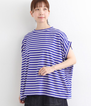 コットンストレッチ天竺ボーダー　ワイドプルオーバー(ブルー×シロ-ONESIZE)