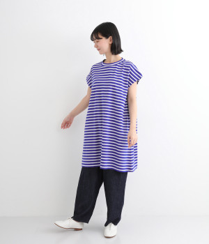 コットンストレッチ天竺ボーダー　ワイドチュニック(ブルー×シロ-ONESIZE)
