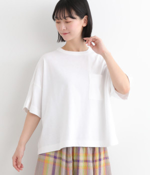 コットンリネン天竺　5分袖ポケットワイドプルオーバー(シロ-ONESIZE)