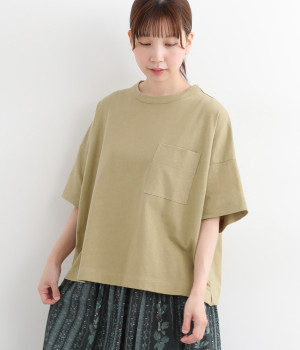 コットンリネン天竺　5分袖ポケットワイドプルオーバー(オリーブイエロー-ONESIZE)