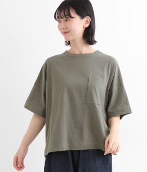 コットンリネン天竺　5分袖ポケットワイドプルオーバー(モスグレー-ONESIZE)