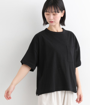 コットンリネン天竺　5分袖ポケットワイドプルオーバー(クロ-ONESIZE)