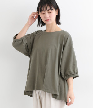 コットンリネン天竺　6分袖ワイドスリーブプルオーバー(モスグレー-ONESIZE)