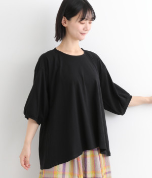 コットンリネン天竺　6分袖ワイドスリーブプルオーバー(クロ-ONESIZE)