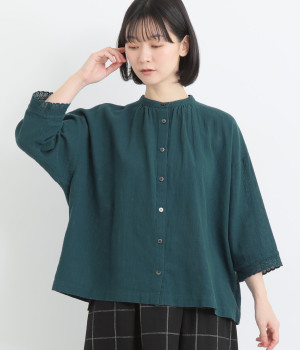 リネンブレンドからみ織レースブラウス(ブルーグリーン-ONESIZE)