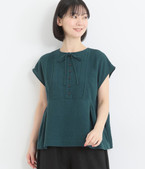 リネンブレンドからみ織切替えレースプルオーバー(ブルーグリーン-ONESIZE)