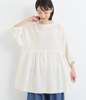 リネンブレンドからみ織2wayギャザーチュニック(オフホワイト-ONESIZE)