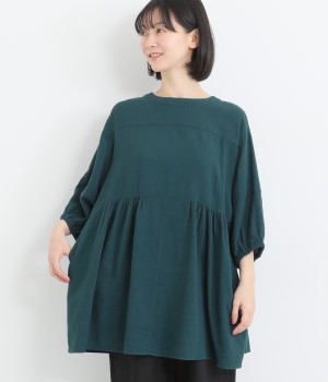 リネンブレンドからみ織2wayギャザーチュニック(ブルーグリーン-ONESIZE)