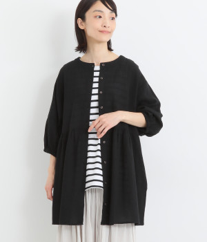 リネンブレンドからみ織2wayギャザーチュニック(ブラック-ONESIZE)