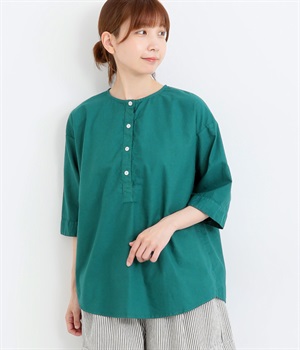 オックス日本製品染め6分袖チュニックプルオーバー(ダークグリーン-ONESIZE)