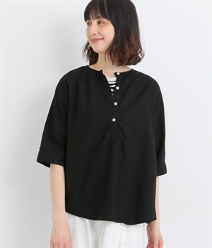 オックス日本製品染め6分袖チュニックプルオーバー(ブラック-ONESIZE)