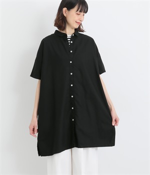 オックス日本製品染め5分袖チュニックブラウス(ブラック-ONESIZE)