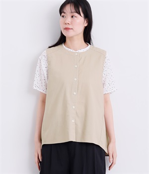 レーヨン混コットンリネン平織ブラウス(ベージュ-ONESIZE)