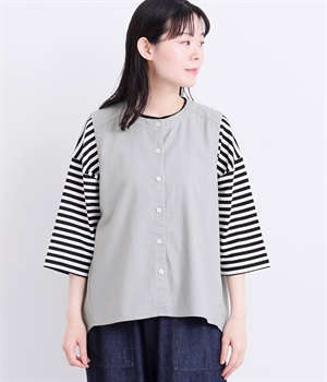 レーヨン混コットンリネン平織ブラウス(グレー-ONESIZE)