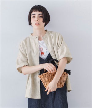 リネン平織スタンドカラーブラウス(キナリ-ONESIZE)