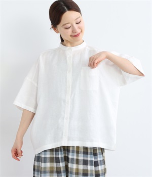 リネン平織スタンドカラーブラウス(シロ-ONESIZE)